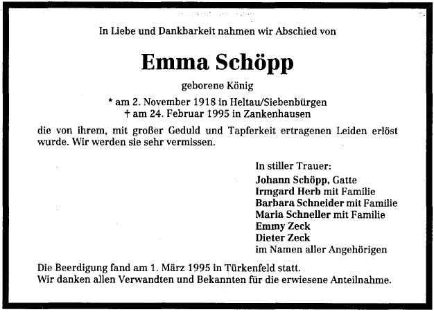 Koenig Emma 1918-1995 Todesanzeige